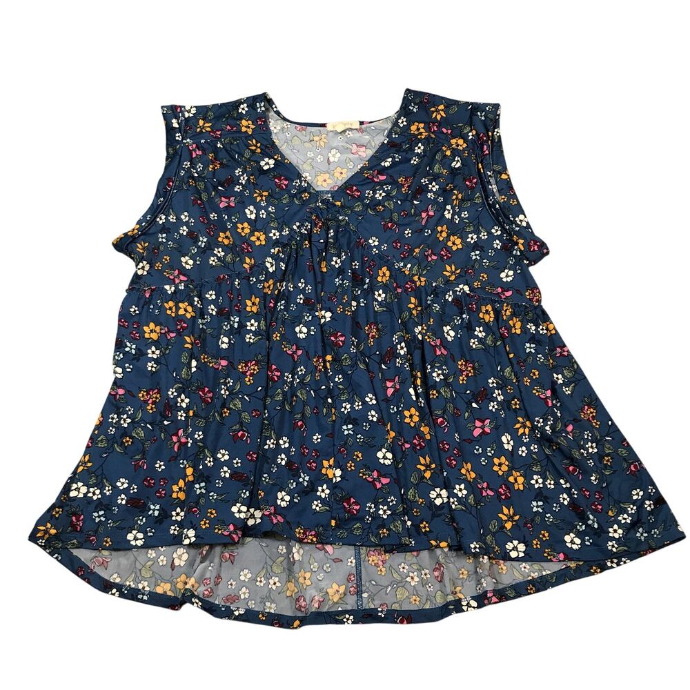 Loralette Women's 3X Blouse Tunic Top Floral Blue Pleated V Neck Flowy Plus G10